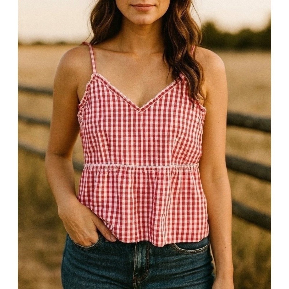 Sim & Sam NWT Top M Red Gingham Country Western Summer Crop